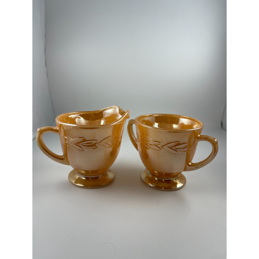 Anchor Hocking Fire King Peach Lustre Sheaves of Wheat Creamer and Sugar bowl